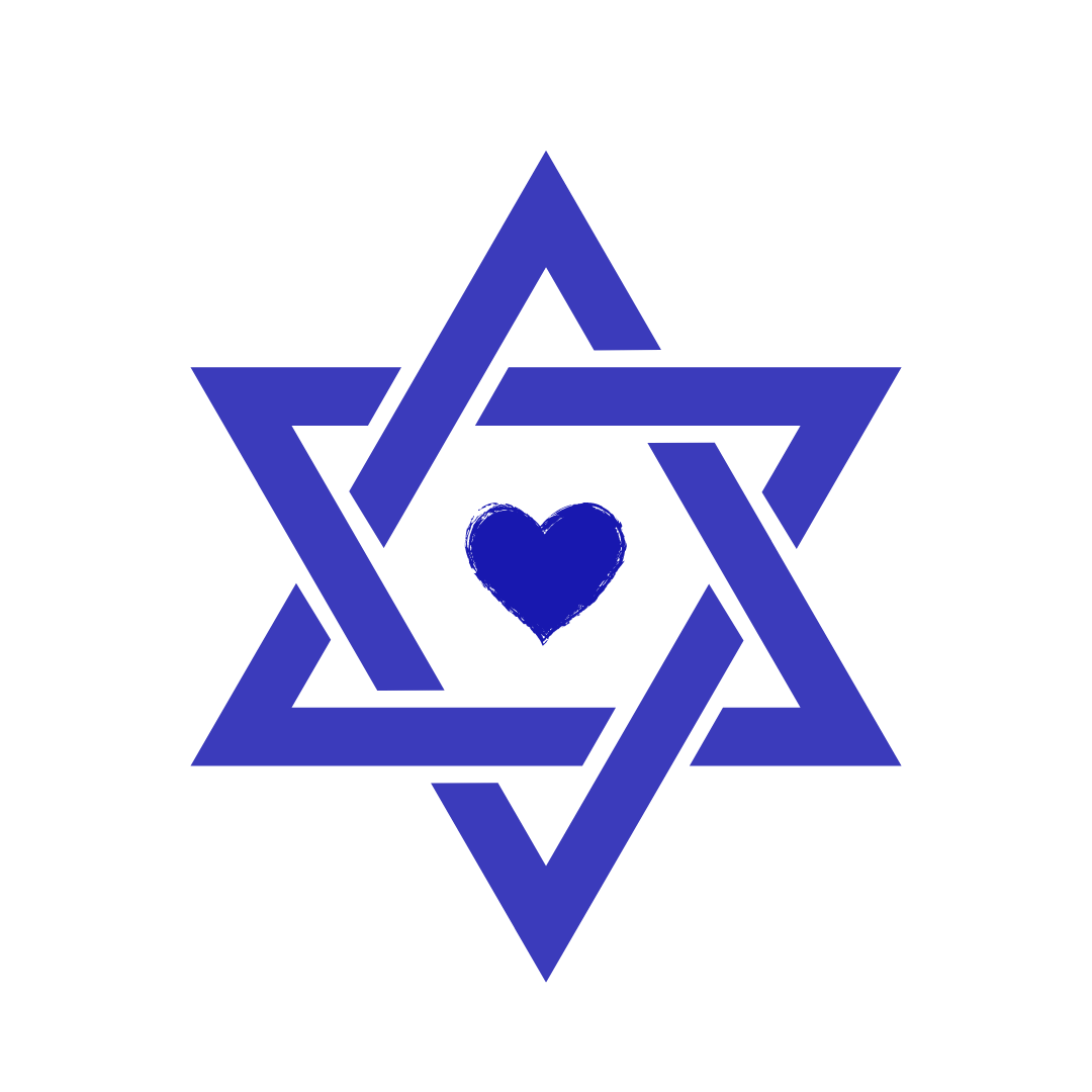 Blue interlacing Star of David with a blue heart in the center.